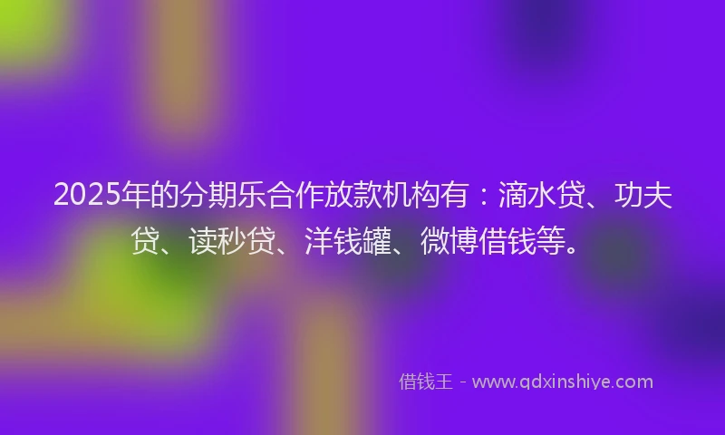 2025年的分期乐合作放款机构有：滴水贷、功夫贷、读秒贷、洋钱罐、微博借钱等。