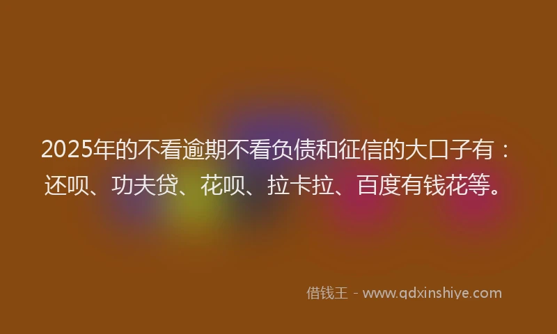 2025年的不看逾期不看负债和征信的大口子有：还呗、功夫贷、花呗、拉卡拉、百度有钱花等。