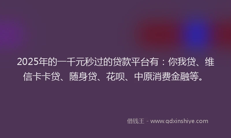 2025年的一千元秒过的贷款平台有：你我贷、维信卡卡贷、随身贷、花呗、中原消费金融等。