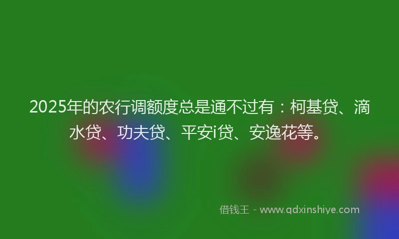 2025年的农行调额度总是通不过有：柯基贷、滴水贷、功夫贷、平安i贷、安逸花等。