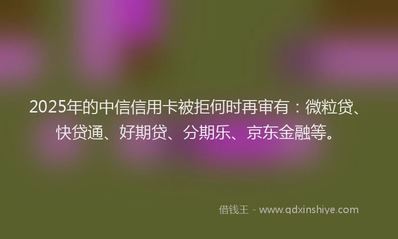 2025年的中信信用卡被拒何时再审有：微粒贷、快贷通、好期贷、分期乐、京东金融等。