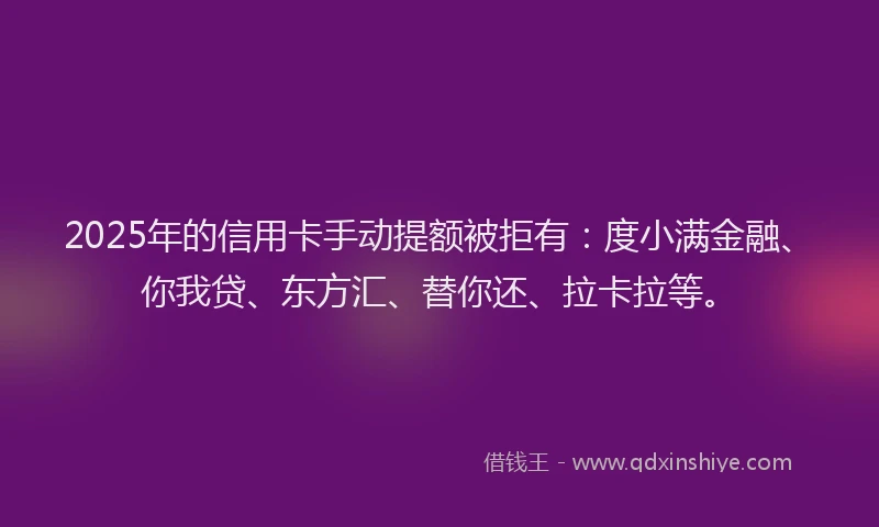 2025年的信用卡手动提额被拒有：度小满金融、你我贷、东方汇、替你还、拉卡拉等。