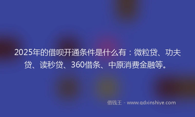 2025年的借呗开通条件是什么有：微粒贷、功夫贷、读秒贷、360借条、中原消费金融等。