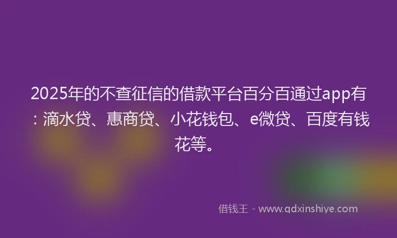 2025年的不查征信的借款平台百分百通过app有：滴水贷、惠商贷、小花钱包、e微贷、百度有钱花等。