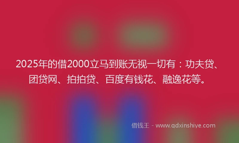 2025年的借2000立马到账无视一切有：功夫贷、团贷网、拍拍贷、百度有钱花、融逸花等。