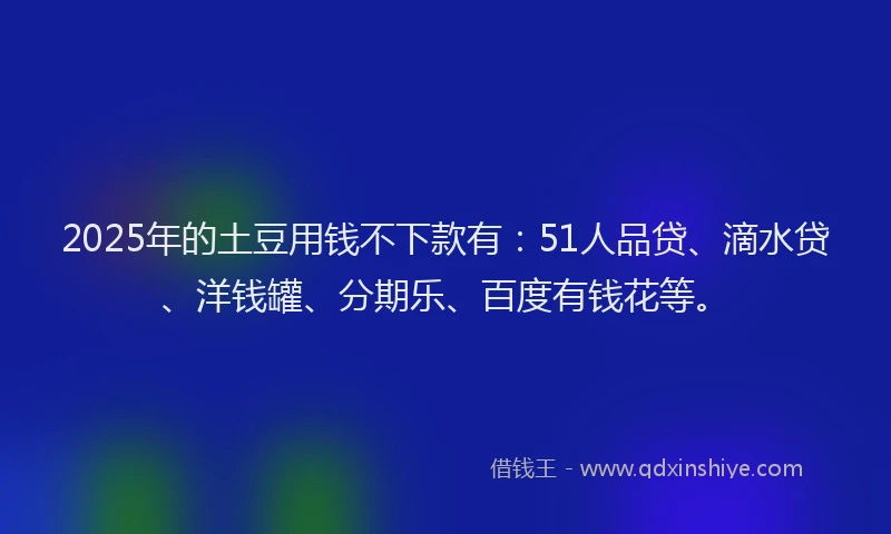 2025年的土豆用钱不下款有：51人品贷、滴水贷、洋钱罐、分期乐、百度有钱花等。