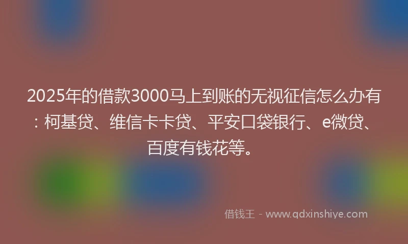 2025年的借款3000马上到账的无视征信怎么办有：柯基贷、维信卡卡贷、平安口袋银行、e微贷、百度有钱花等。