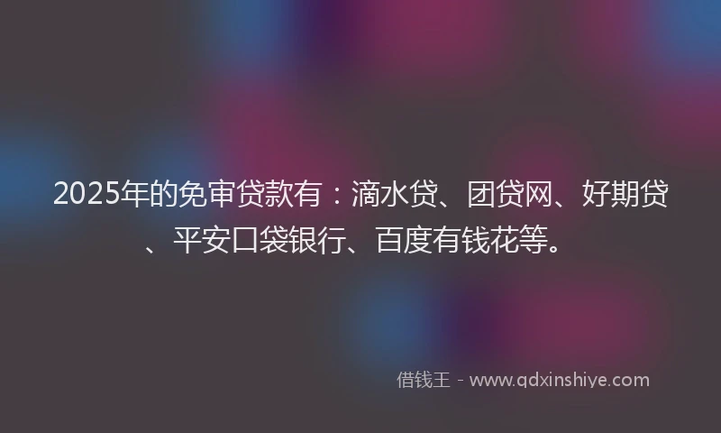 2025年的免审贷款有：滴水贷、团贷网、好期贷、平安口袋银行、百度有钱花等。