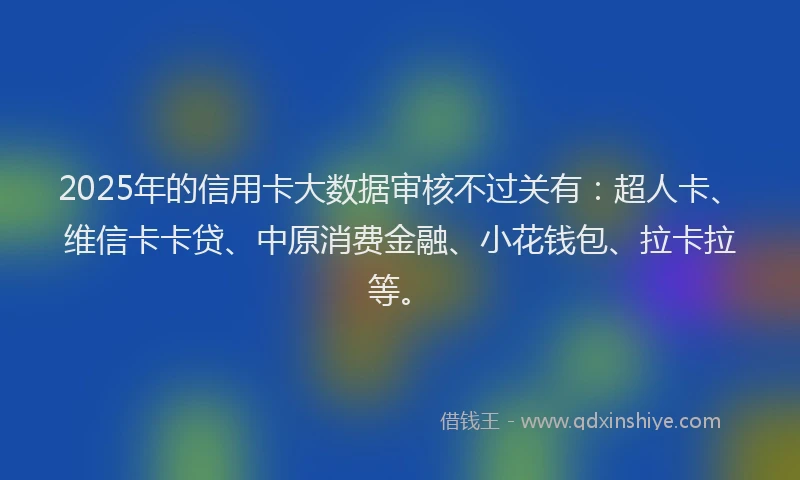 2025年的信用卡大数据审核不过关有：超人卡、维信卡卡贷、中原消费金融、小花钱包、拉卡拉等。