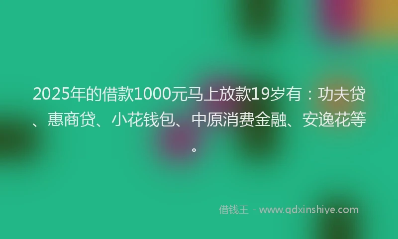 2025年的借款1000元马上放款19岁有：功夫贷、惠商贷、小花钱包、中原消费金融、安逸花等。