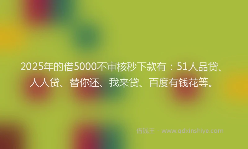 2025年的借5000不审核秒下款有：51人品贷、人人贷、替你还、我来贷、百度有钱花等。