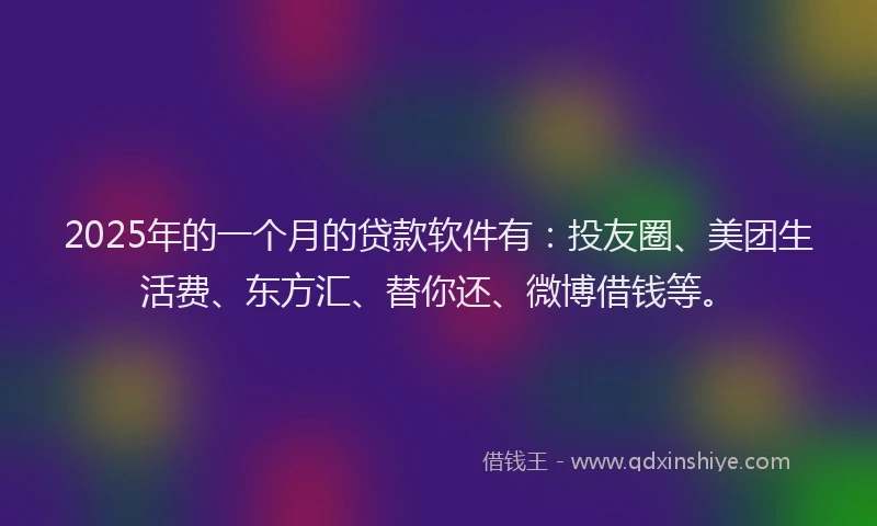 2025年的一个月的贷款软件有：投友圈、美团生活费、东方汇、替你还、微博借钱等。