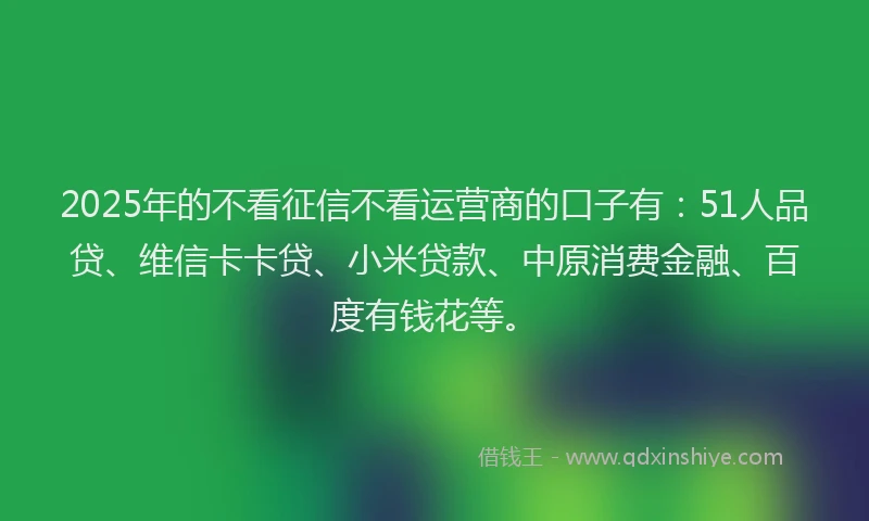 2025年的不看征信不看运营商的口子有：51人品贷、维信卡卡贷、小米贷款、中原消费金融、百度有钱花等。