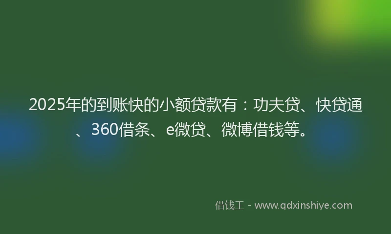 2025年的到账快的小额贷款有：功夫贷、快贷通、360借条、e微贷、微博借钱等。