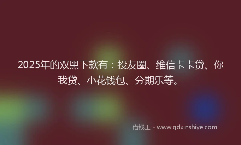 2025年的双黑下款有：投友圈、维信卡卡贷、你我贷、小花钱包、分期乐等。