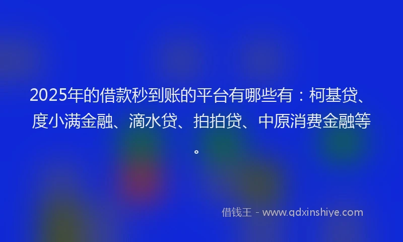2025年的借款秒到账的平台有哪些有：柯基贷、度小满金融、滴水贷、拍拍贷、中原消费金融等。