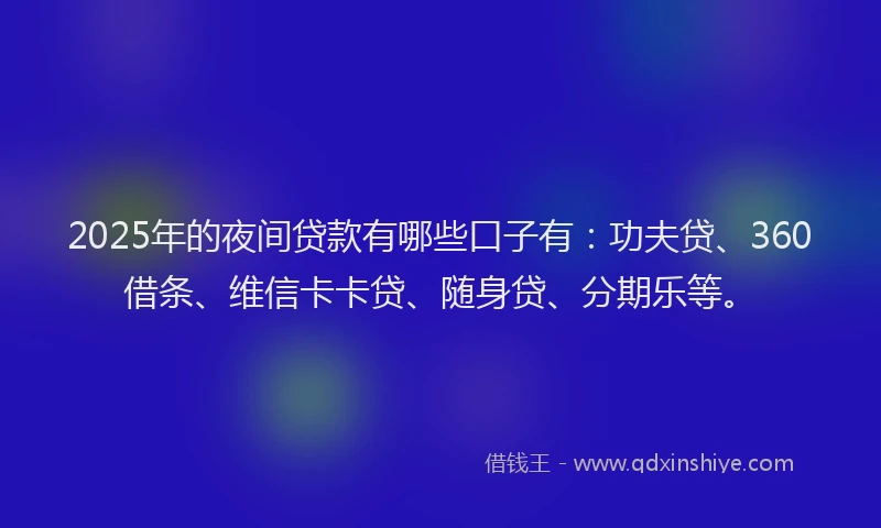 2025年的夜间贷款有哪些口子有：功夫贷、360借条、维信卡卡贷、随身贷、分期乐等。