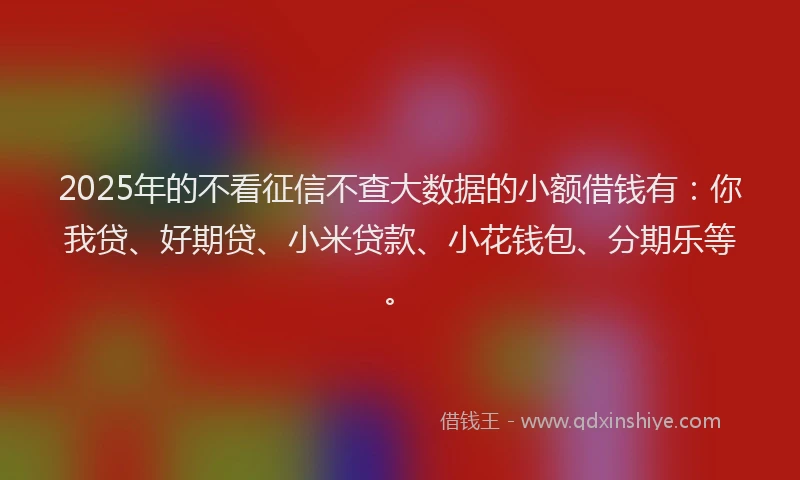 2025年的不看征信不查大数据的小额借钱有：你我贷、好期贷、小米贷款、小花钱包、分期乐等。
