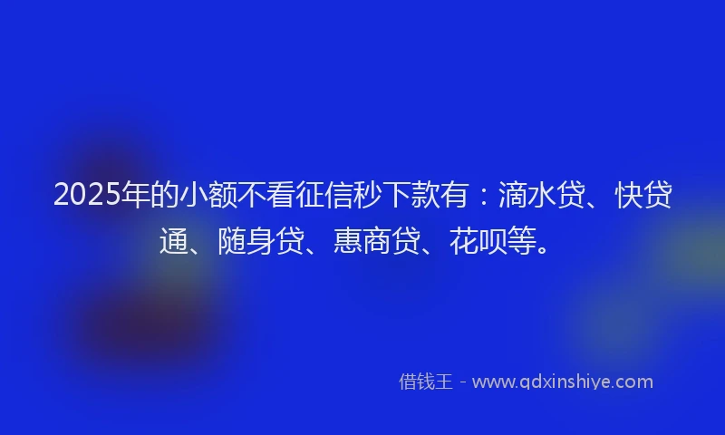 2025年的小额不看征信秒下款有:滴水贷、快贷通、随身贷、惠商贷、花呗等。