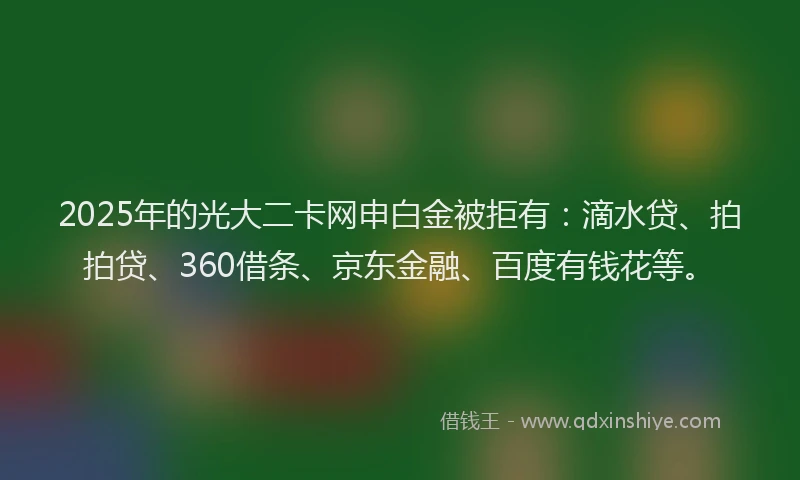 2025年的光大二卡网申白金被拒有：滴水贷、拍拍贷、360借条、京东金融、百度有钱花等。