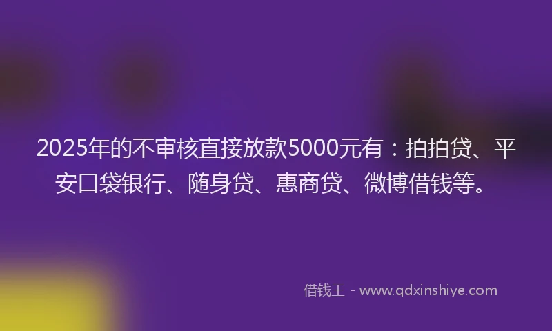 2025年的不审核直接放款5000元有：拍拍贷、平安口袋银行、随身贷、惠商贷、微博借钱等。
