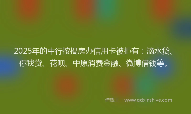 2025年的中行按揭房办信用卡被拒有：滴水贷、你我贷、花呗、中原消费金融、微博借钱等。