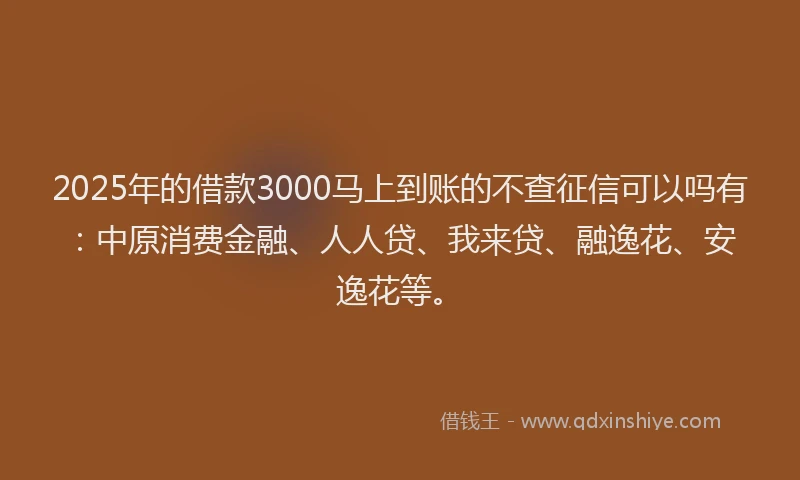 2025年的借款3000马上到账的不查征信可以吗有：中原消费金融、人人贷、我来贷、融逸花、安逸花等。