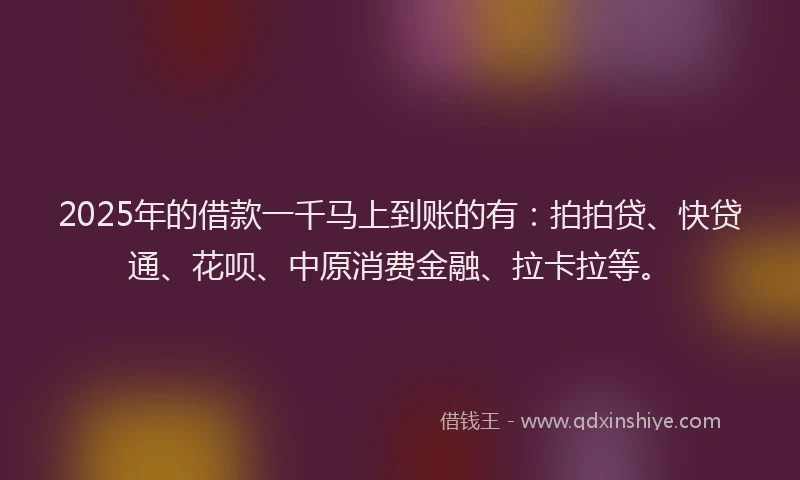 2025年的借款一千马上到账的有：拍拍贷、快贷通、花呗、中原消费金融、拉卡拉等。