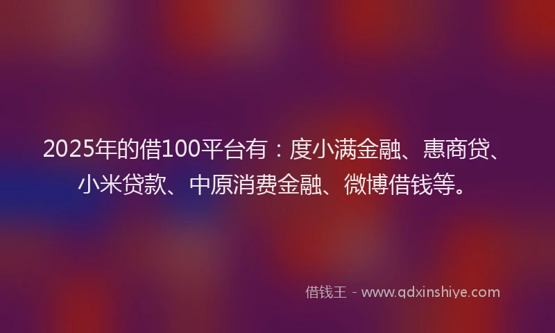 2025年的借100平台有：度小满金融、惠商贷、小米贷款、中原消费金融、微博借钱等。