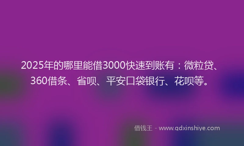 2025年的哪里能借3000快速到账有：微粒贷、360借条、省呗、平安口袋银行、花呗等。