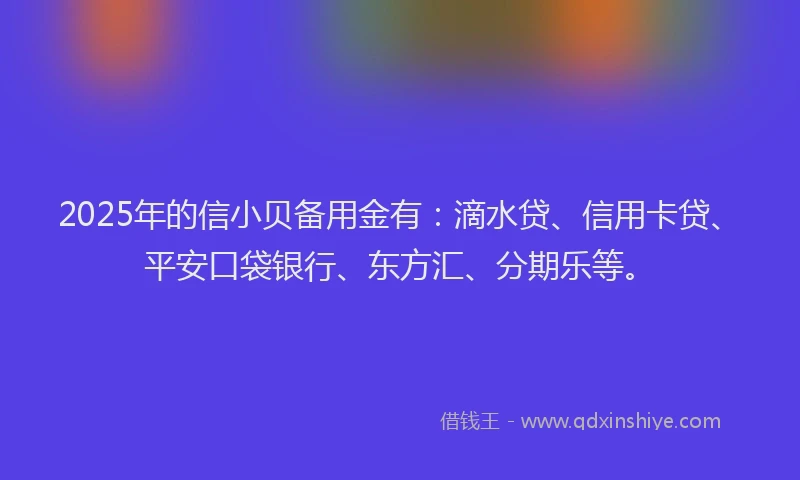 2025年的信小贝备用金有：滴水贷、信用卡贷、平安口袋银行、东方汇、分期乐等。