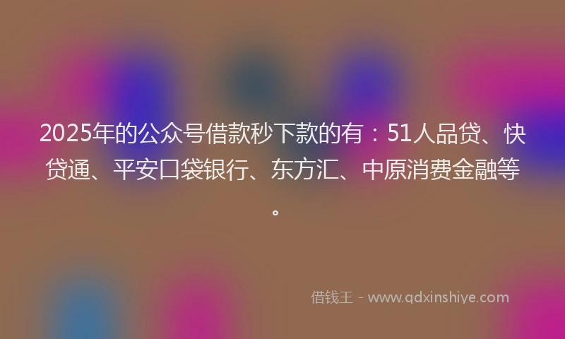 2025年的公众号借款秒下款的有：51人品贷、快贷通、平安口袋银行、东方汇、中原消费金融等。