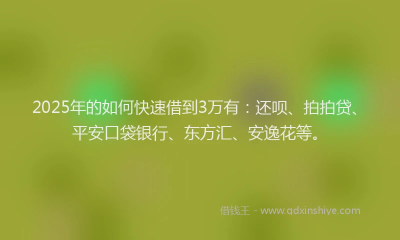 2025年的如何快速借到3万有：还呗、拍拍贷、平安口袋银行、东方汇、安逸花等。