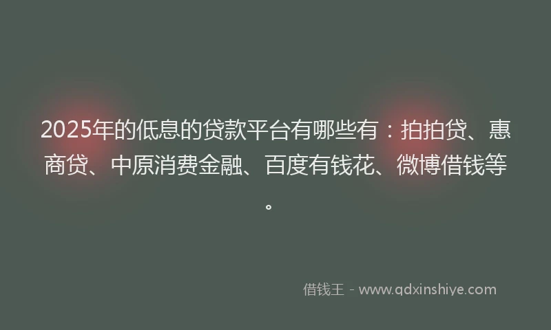 2025年的低息的贷款平台有哪些有：拍拍贷、惠商贷、中原消费金融、百度有钱花、微博借钱等。