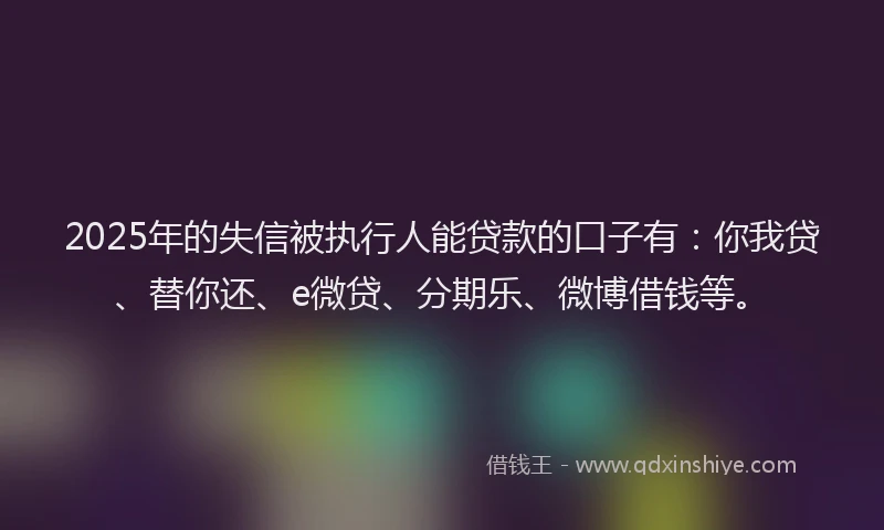 2025年的失信被执行人能贷款的口子有：你我贷、替你还、e微贷、分期乐、微博借钱等。