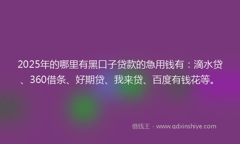 2025年的哪里有黑口子贷款的急用钱有：滴水贷、360借条、好期贷、我来贷、百度有钱花等。