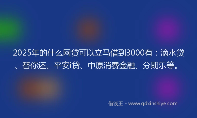 2025年的什么网贷可以立马借到3000有：滴水贷、替你还、平安i贷、中原消费金融、分期乐等。