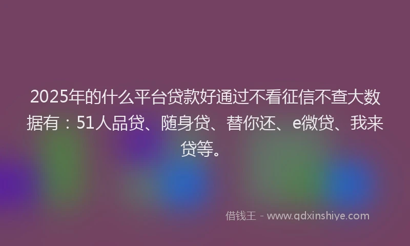 2025年的什么平台贷款好通过不看征信不查大数据有：51人品贷、随身贷、替你还、e微贷、我来贷等。