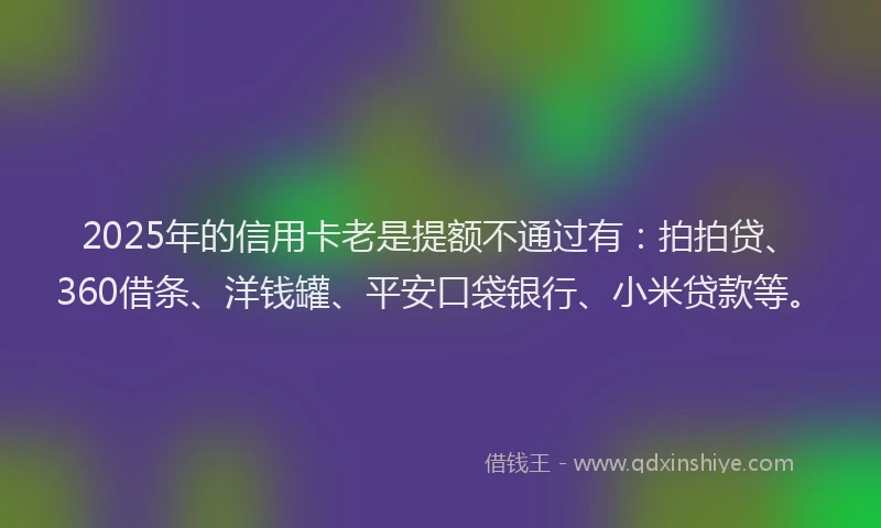 2025年的信用卡老是提额不通过有：拍拍贷、360借条、洋钱罐、平安口袋银行、小米贷款等。
