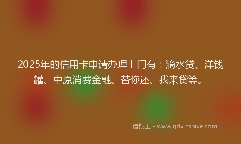 2025年的信用卡申请办理上门有：滴水贷、洋钱罐、中原消费金融、替你还、我来贷等。