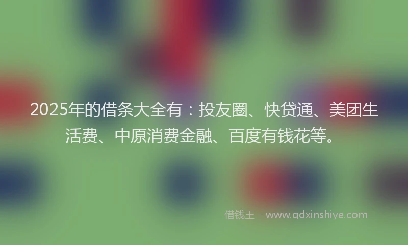 2025年的借条大全有：投友圈、快贷通、美团生活费、中原消费金融、百度有钱花等。