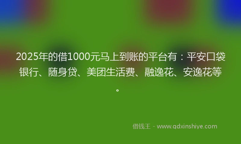 2025年的借1000元马上到账的平台有：平安口袋银行、随身贷、美团生活费、融逸花、安逸花等。