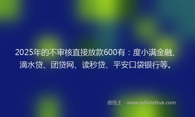2025年的不审核直接放款600有：度小满金融、滴水贷、团贷网、读秒贷、平安口袋银行等。