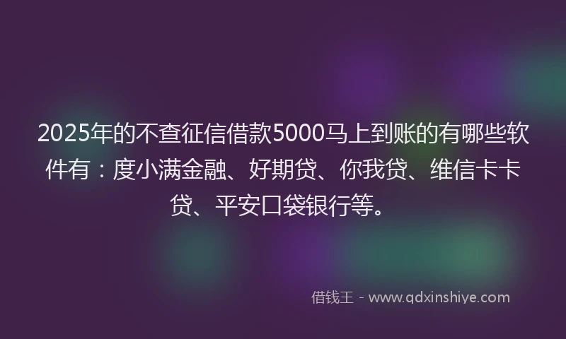 2025年的不查征信借款5000马上到账的有哪些软件有：度小满金融、好期贷、你我贷、维信卡卡贷、平安口袋银行等。