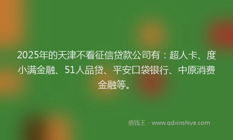 2025年的天津不看征信贷款公司有：超人卡、度小满金融、51人品贷、平安口袋银行、中原消费金融等。