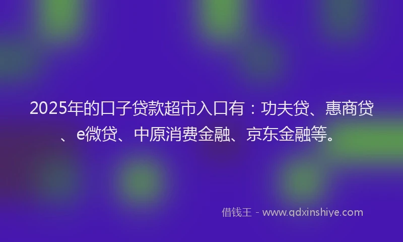 2025年的口子贷款超市入口有：功夫贷、惠商贷、e微贷、中原消费金融、京东金融等。
