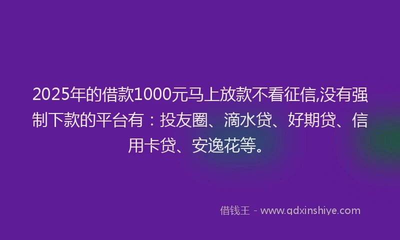 2025年的借款1000元马上放款不看征信,没有强制下款的平台有：投友圈、滴水贷、好期贷、信用卡贷、安逸花等。