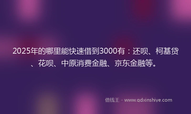 2025年的哪里能快速借到3000有：还呗、柯基贷、花呗、中原消费金融、京东金融等。