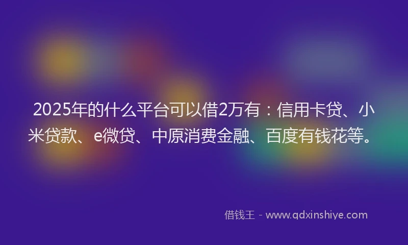 2025年的什么平台可以借2万有：信用卡贷、小米贷款、e微贷、中原消费金融、百度有钱花等。