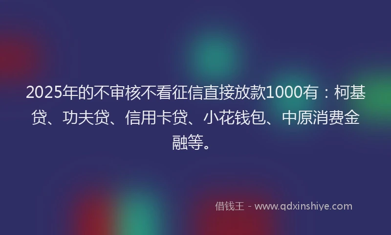2025年的不审核不看征信直接放款1000有：柯基贷、功夫贷、信用卡贷、小花钱包、中原消费金融等。